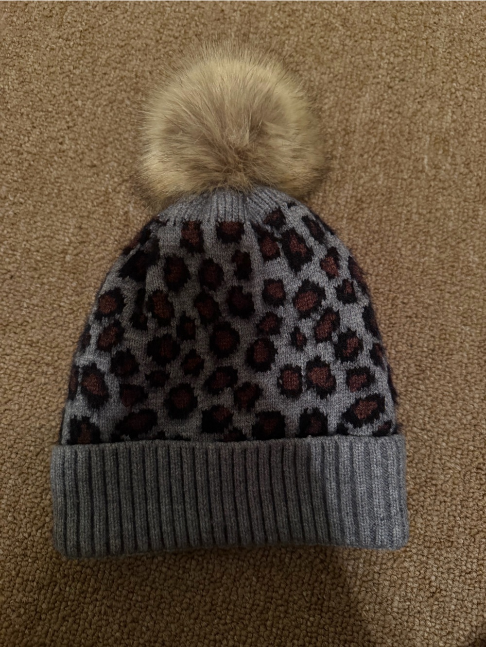 Grey Leopard-Print Pom Beanie